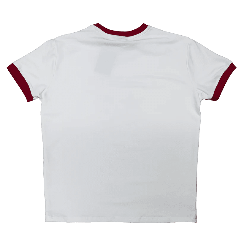 White slim-fit crewneck tee with red-trimmed collar and short sleeves