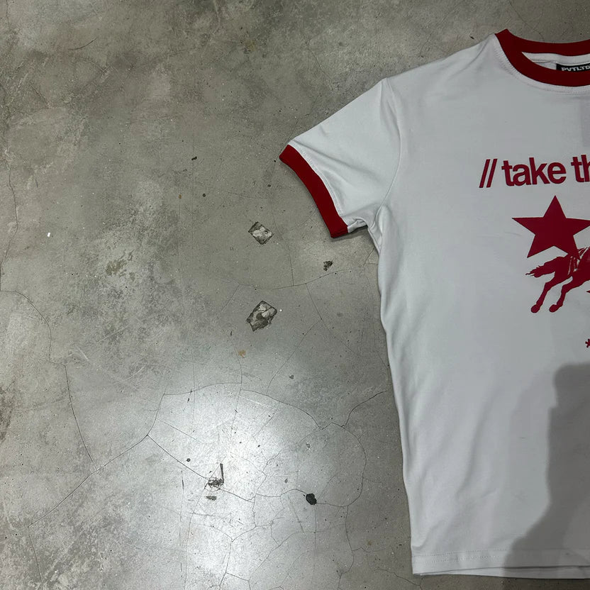 White slim-fit tee with red trim and take-the-bet graphic