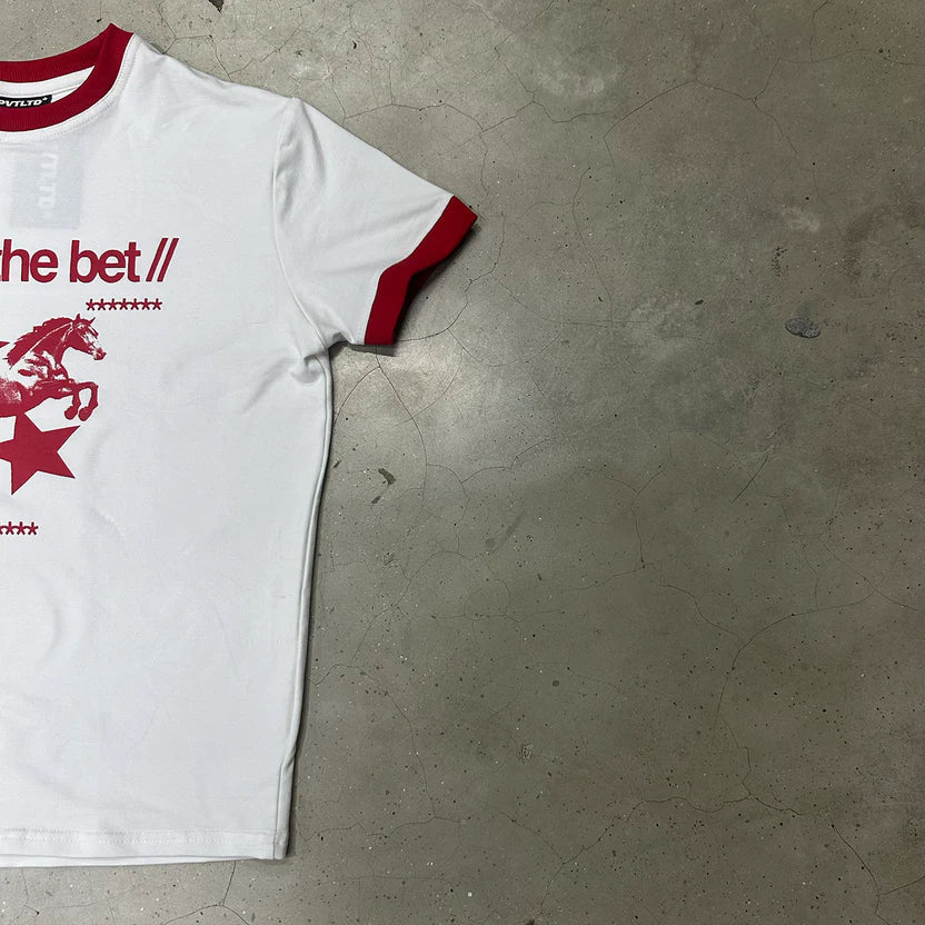 White slim-fit crewneck tee with red collar and red horse-star graphic