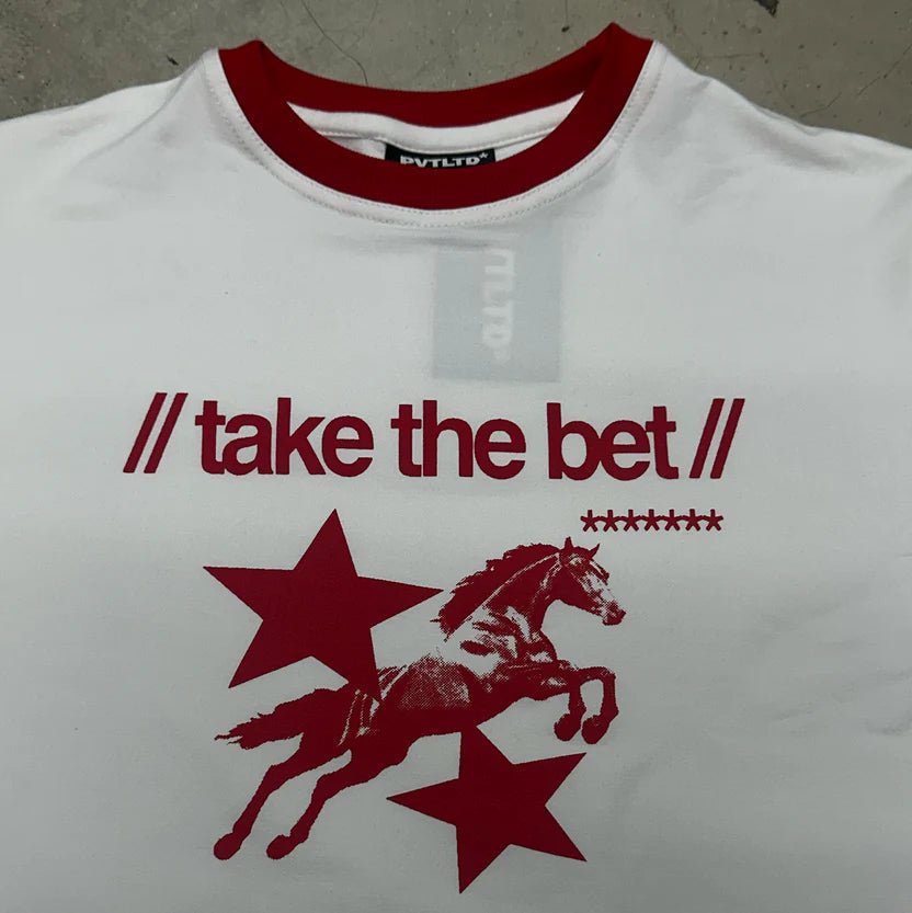 White slim-fit crewneck tee with red take-the-bet text and horse-star print