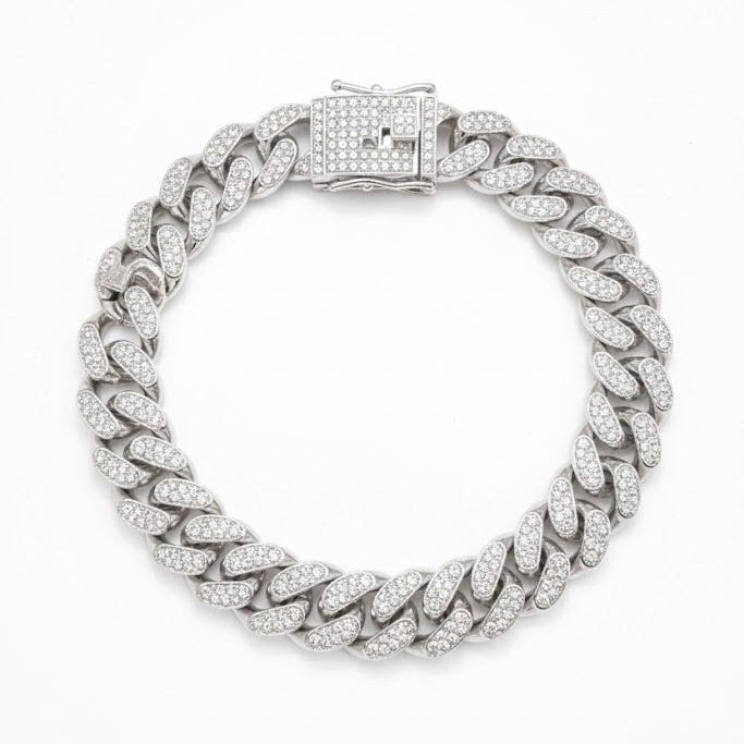 Silver iced bracelet with pavé Cuban links and box clasp
