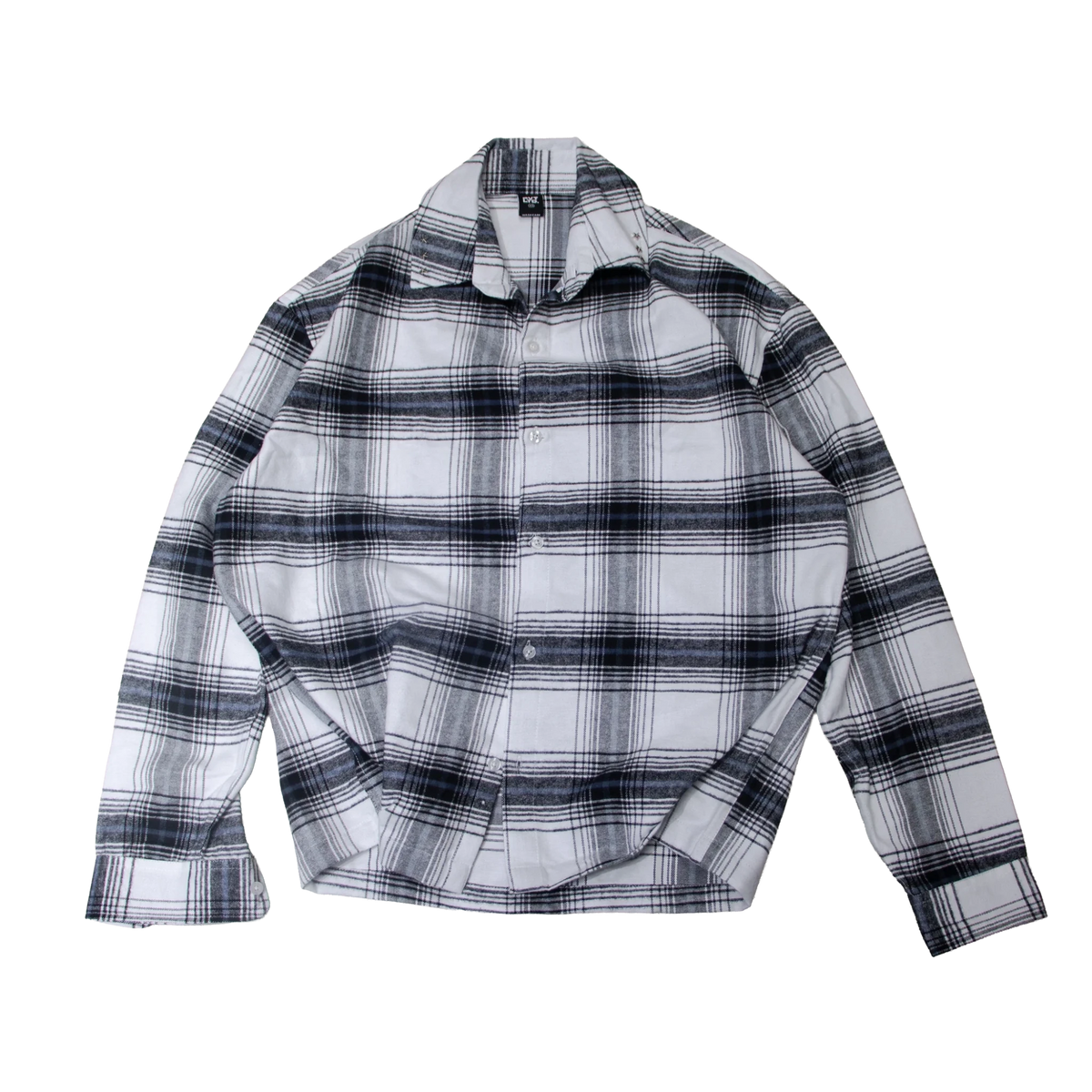 White and dark plaid button-down shirt, long sleeves, button-front