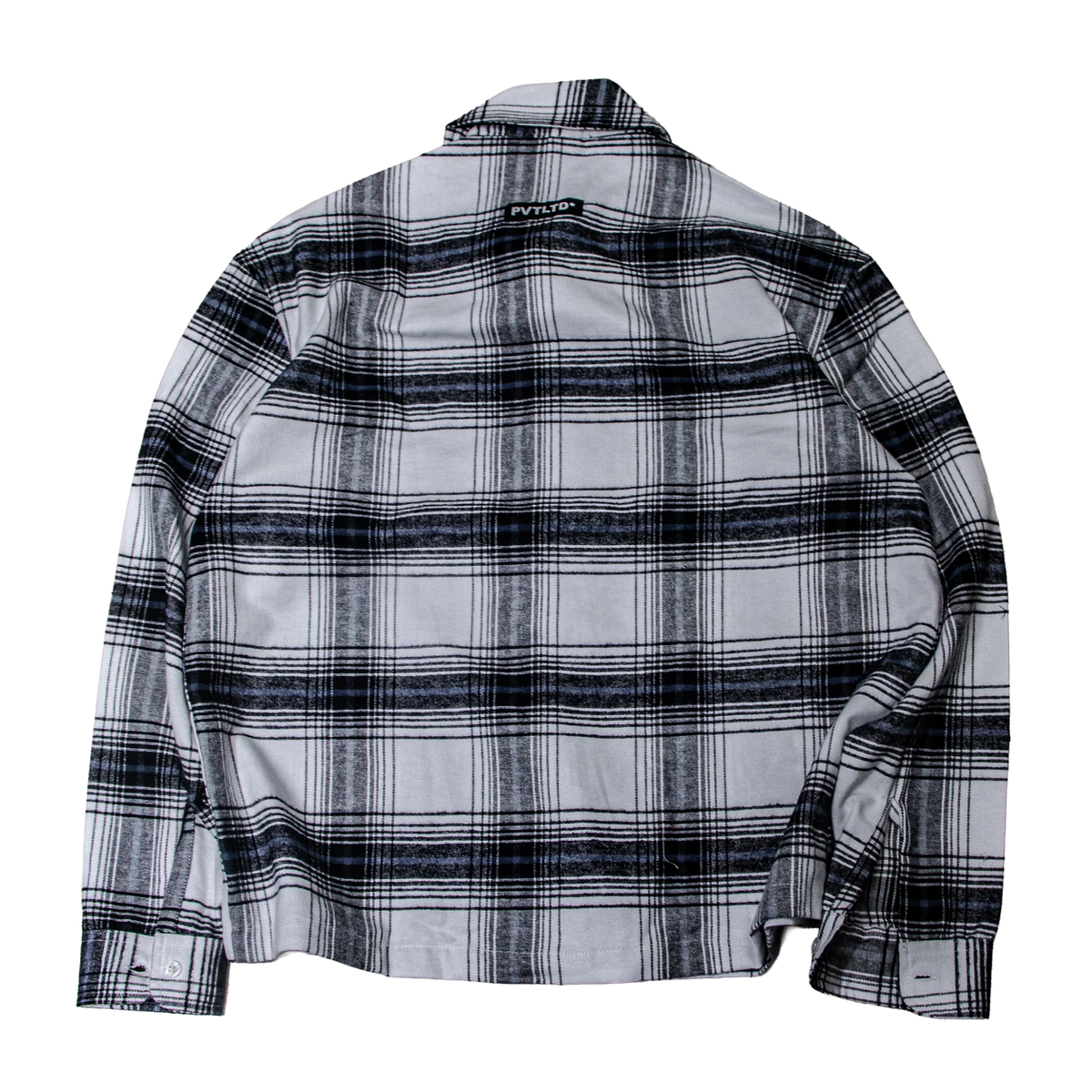 White and dark plaid button-down shirt back view with yoke and collar