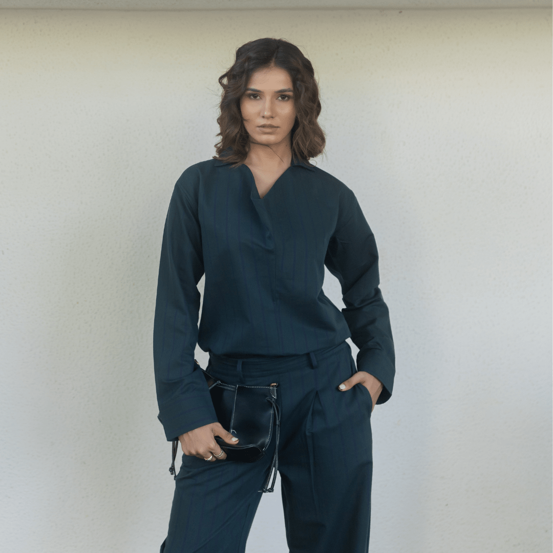 Women's dark teal button-front shirt and matching drawstring pants set