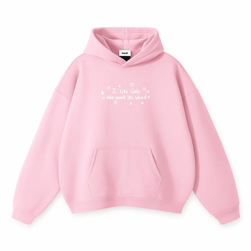 Pink pullover hoodie with hood and pocket, small heart music graphic on chest