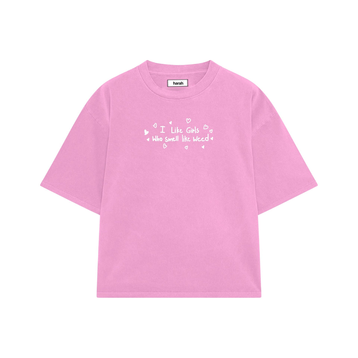 Pink short-sleeve T-shirt with 'I Like Girls...' text and small harah logo