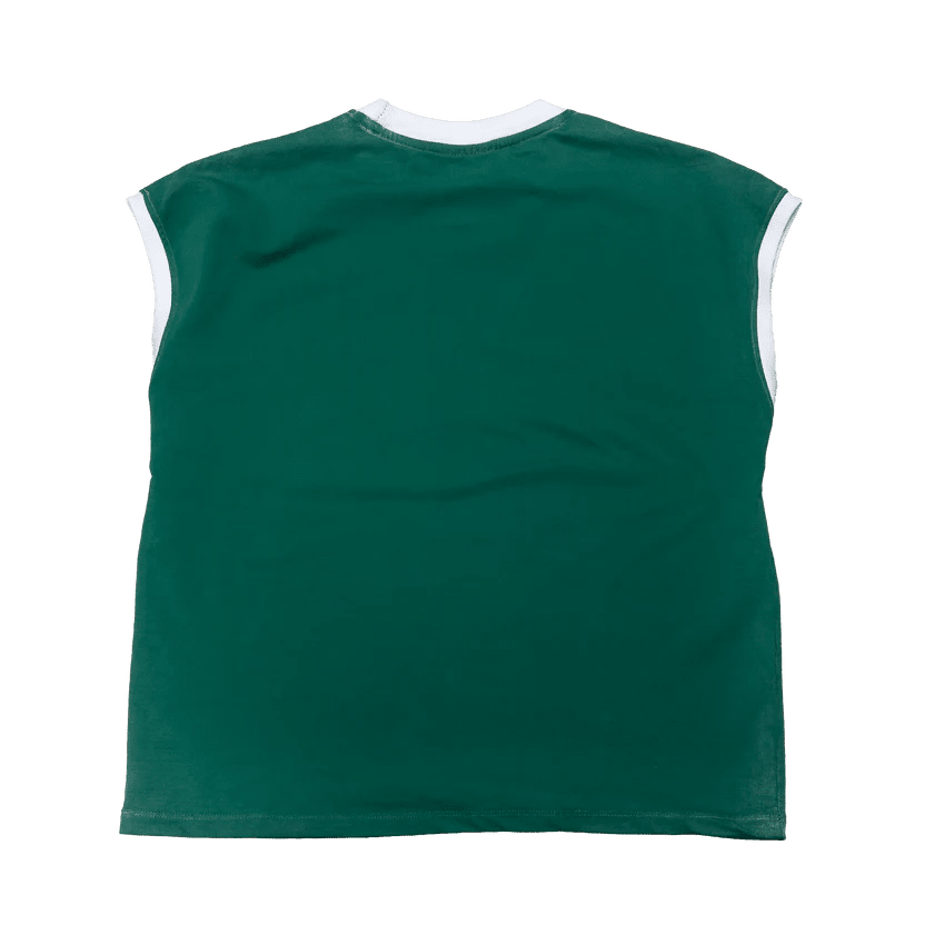 Green sleeveless T-shirt with white neck and armhole trim
