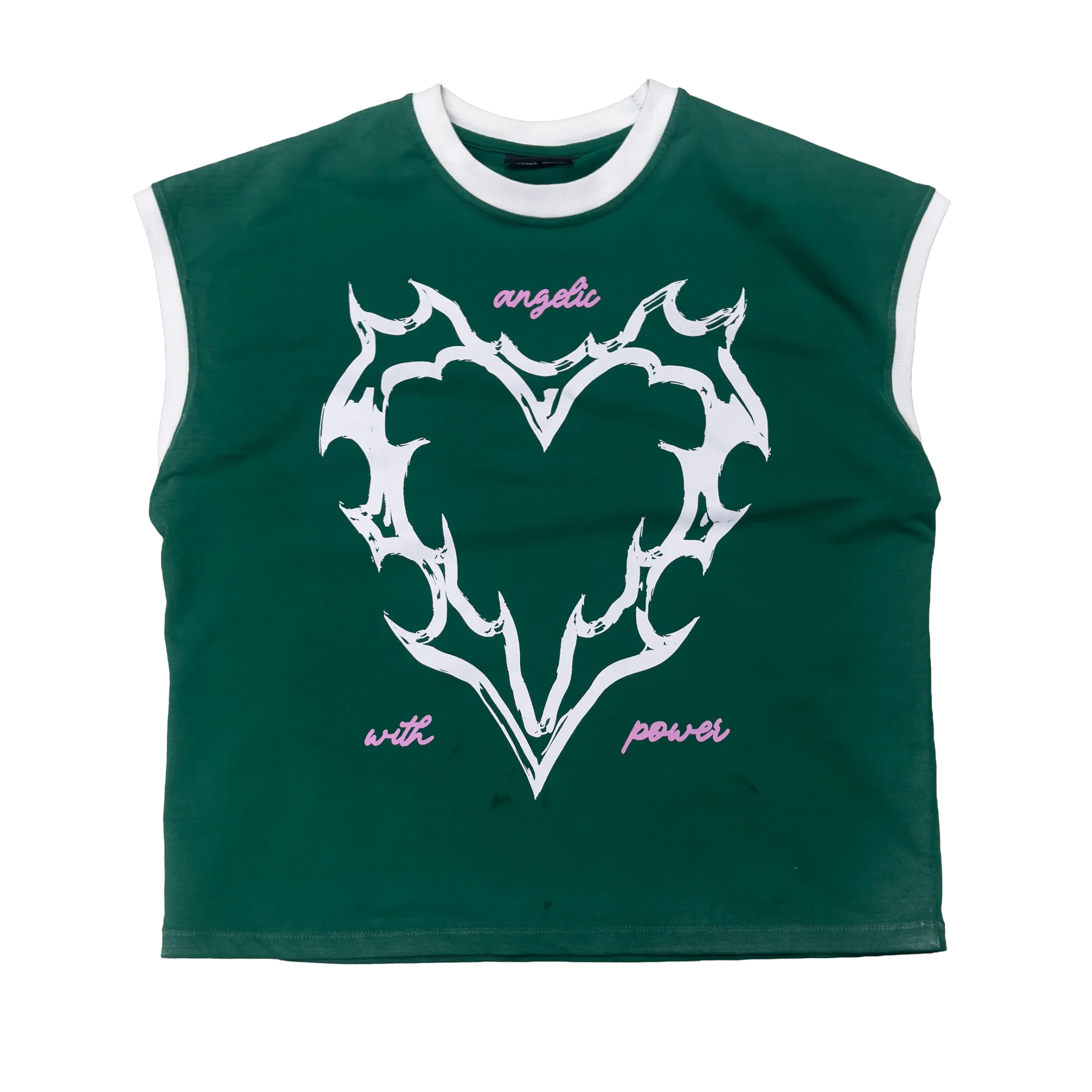Green sleeveless T-shirt with white crew neck trim and white heart graphic