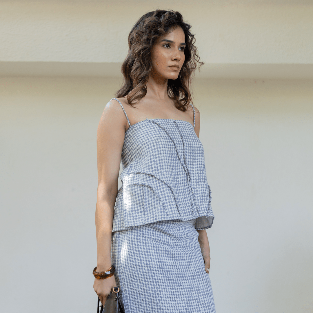 Light blue gingham cami top with peplum overlay and matching skirt, spaghetti straps
