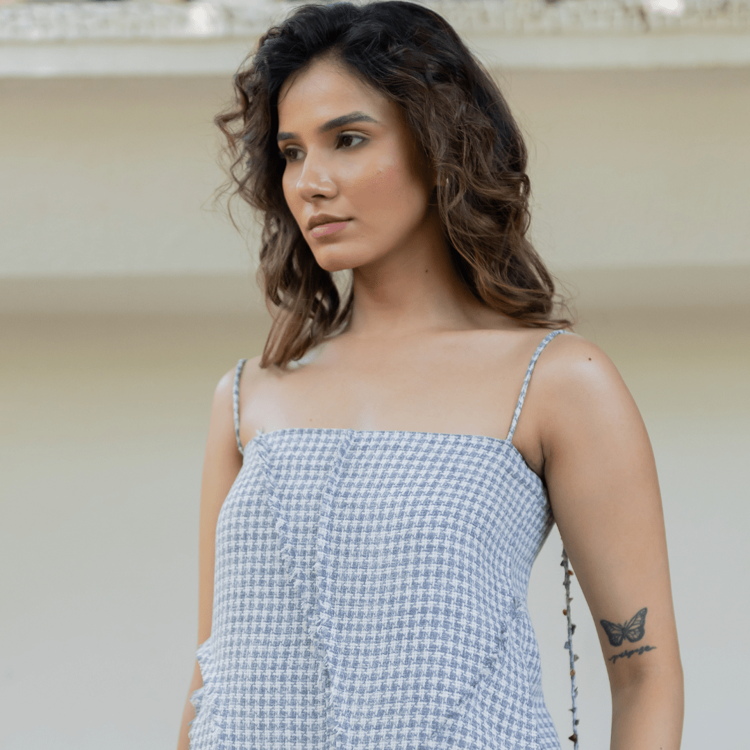 Light blue gingham cami top with spaghetti straps, sweetheart neckline