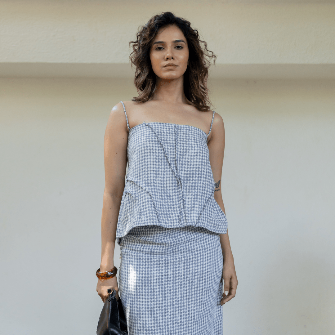 Light blue gingham cami top with ruffle peplum and matching midi skirt, front view