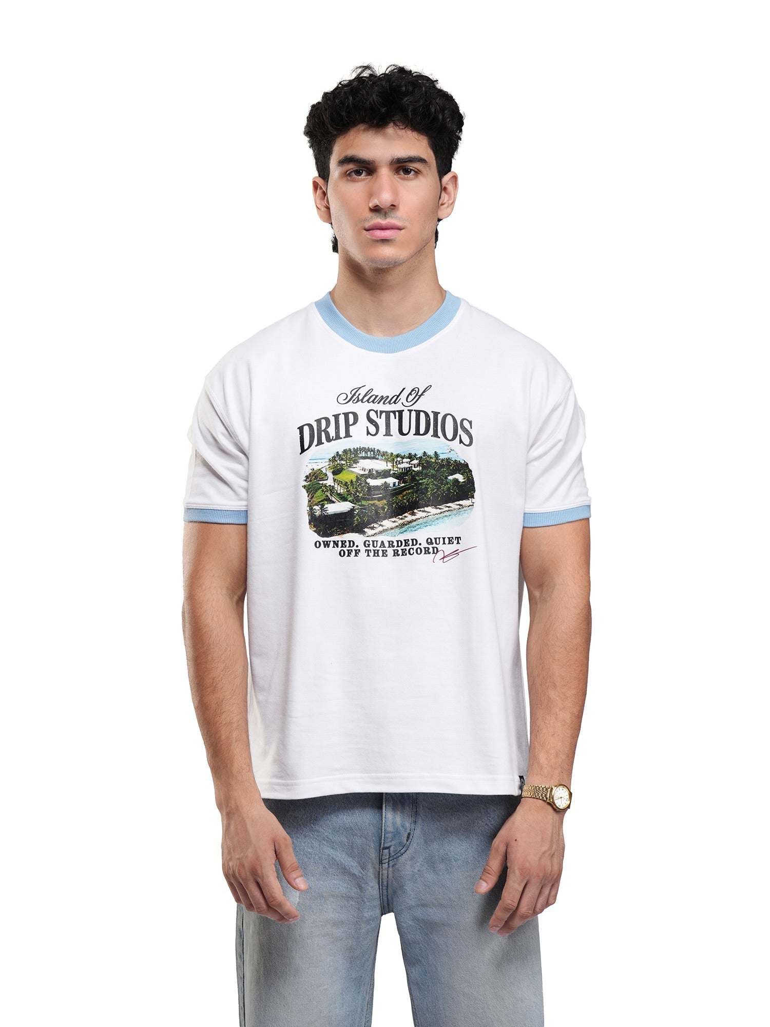 White ringer tee with light blue trim around neckline and sleeves; centered front graphic