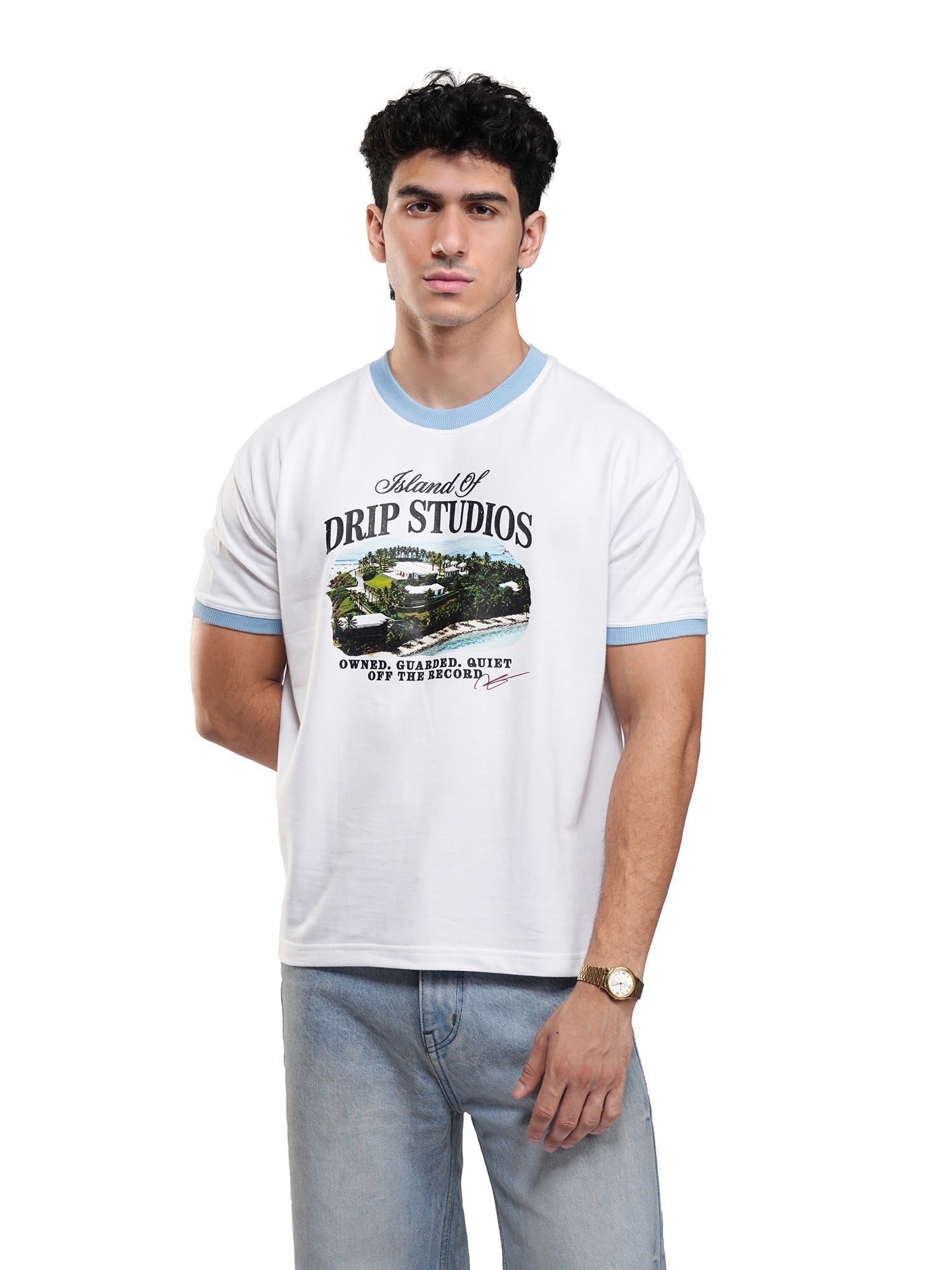 White ringer tee with light blue collar and sleeve trim; front graphic print, short-sleeve fit