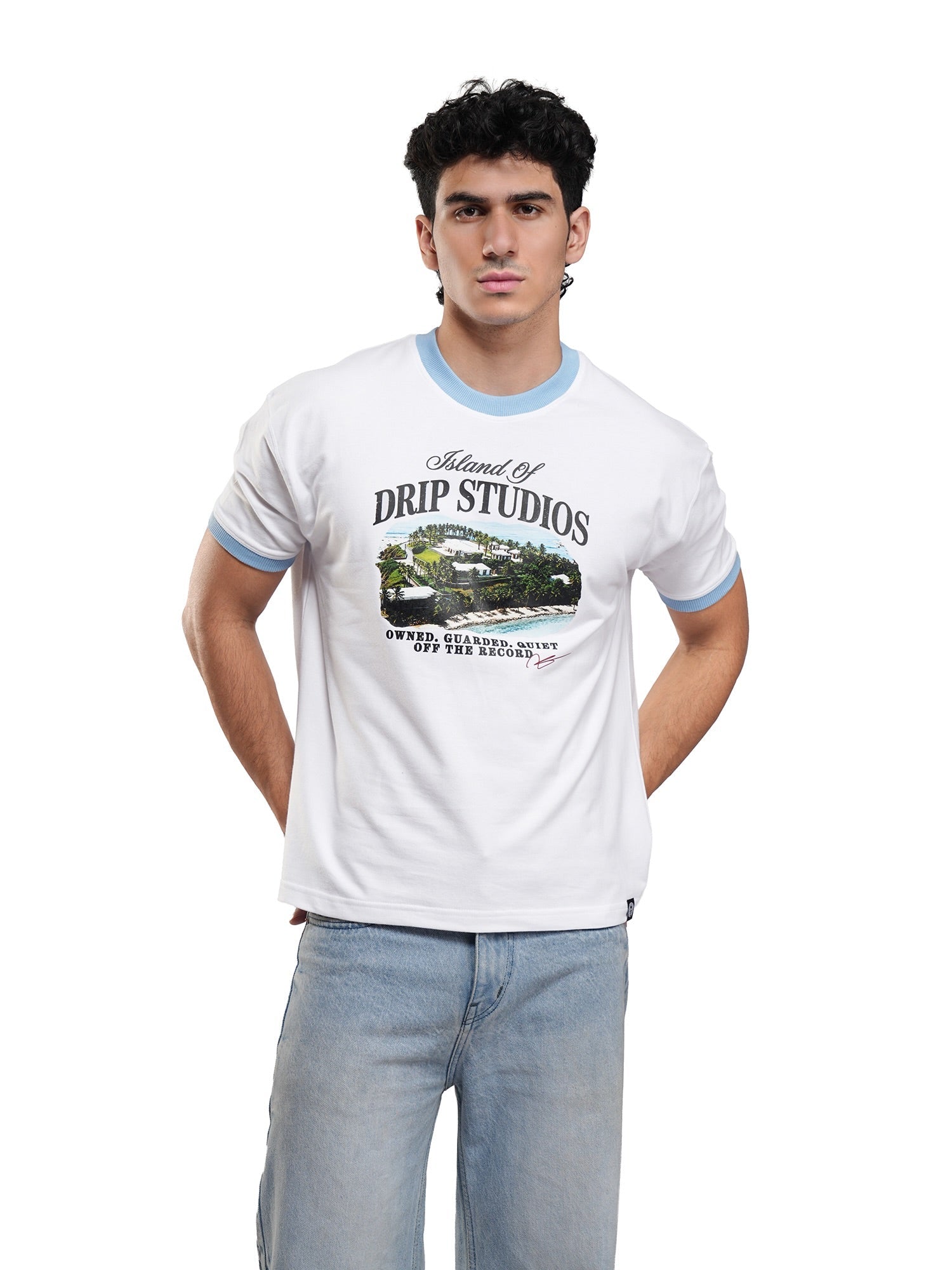 White ringer tee with light blue collar trim; front graphic print, short-sleeve crew neckline