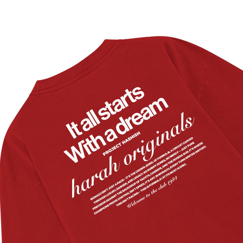 Red crewneck short-sleeve tee with angled back graphic text and script