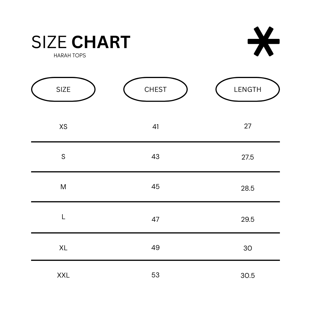 Size chart for harah tops: chest and length by size (XS–2XL)