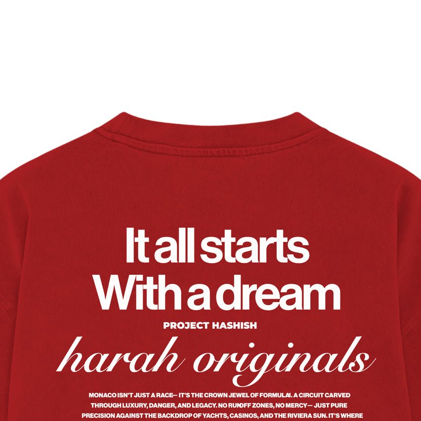 Red crewneck short-sleeve tee with large back graphic text print