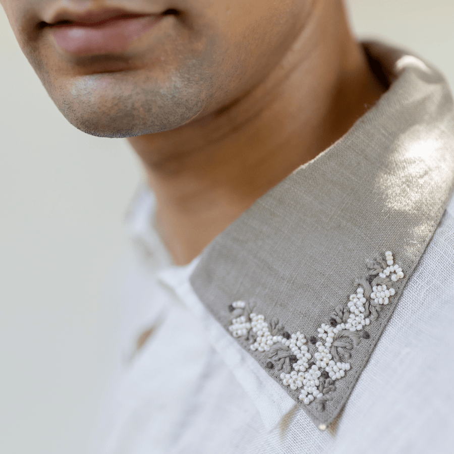 IVORY DOUBLE COLLAR EMBROIDERED SHIRT