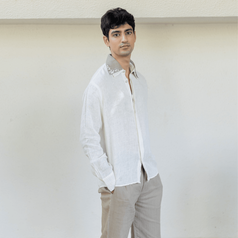 IVORY DOUBLE COLLAR EMBROIDERED SHIRT