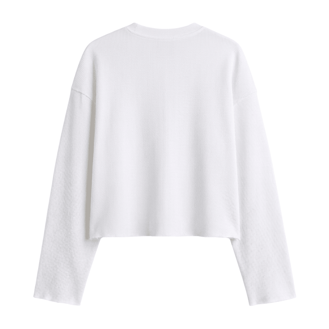 Ivory waffle-knit long-sleeve cropped sweatshirt, crew neck, back view