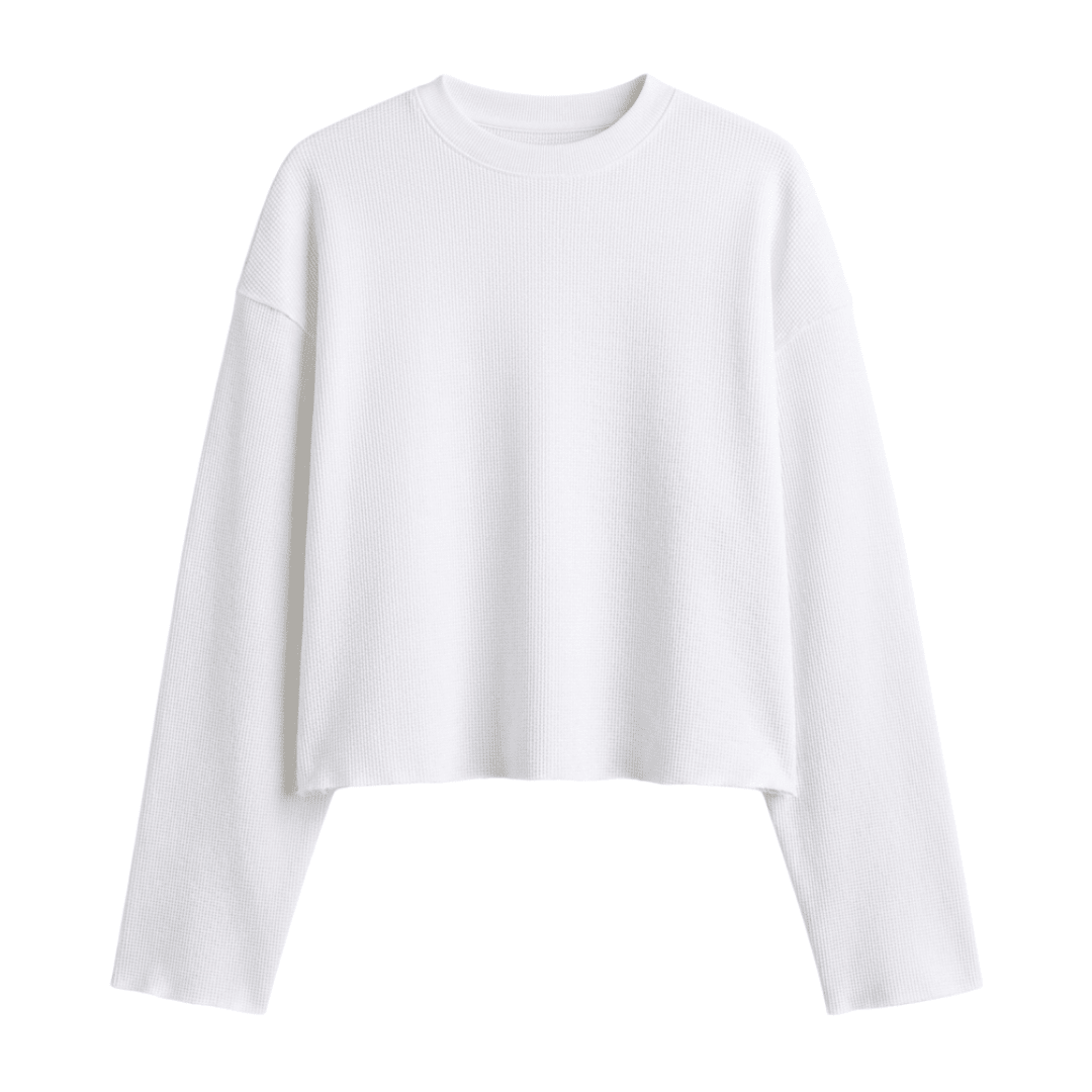 Ivory waffle-knit long-sleeve cropped sweatshirt, crew neck, front view