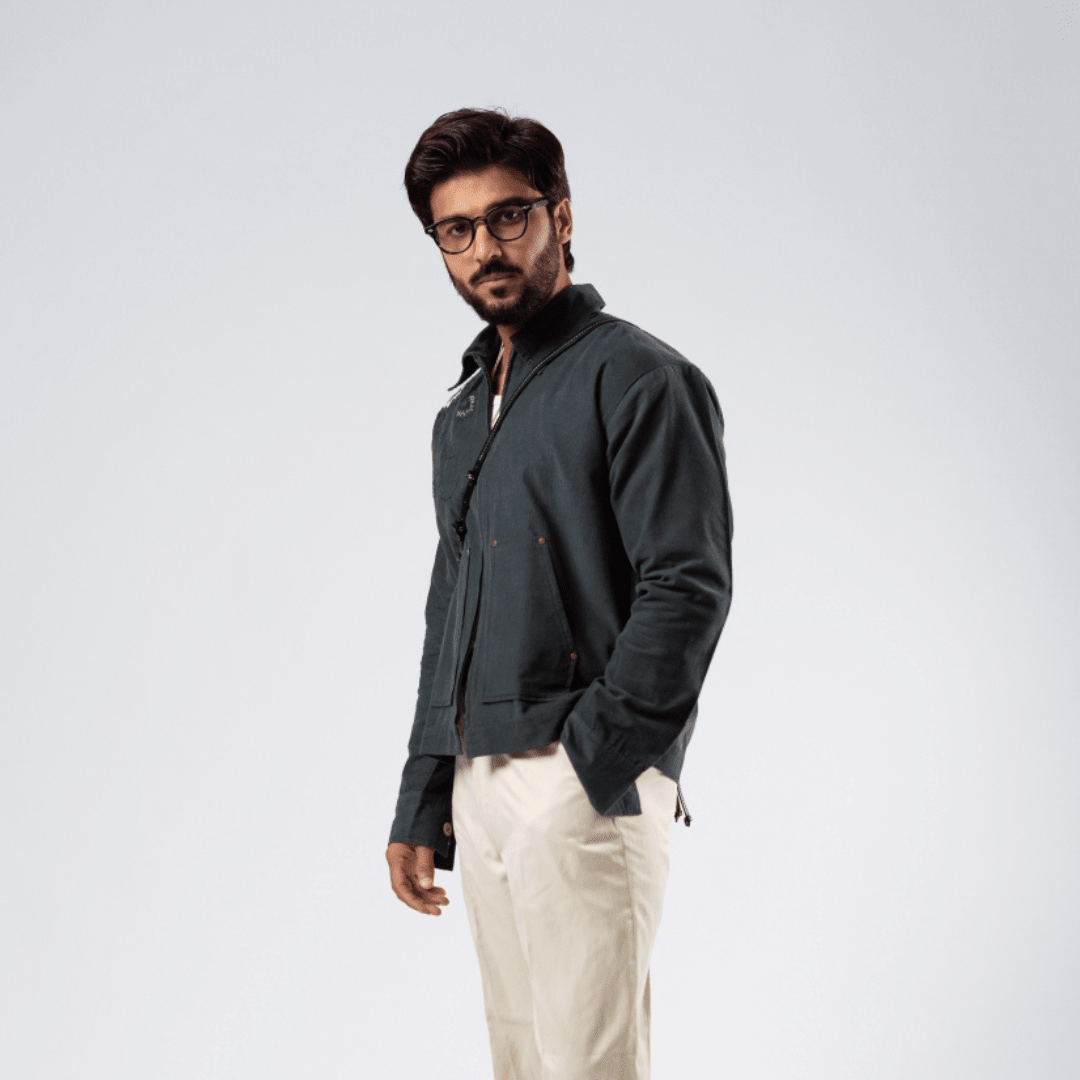 Dark green field jacket with stand collar and two flap pockets