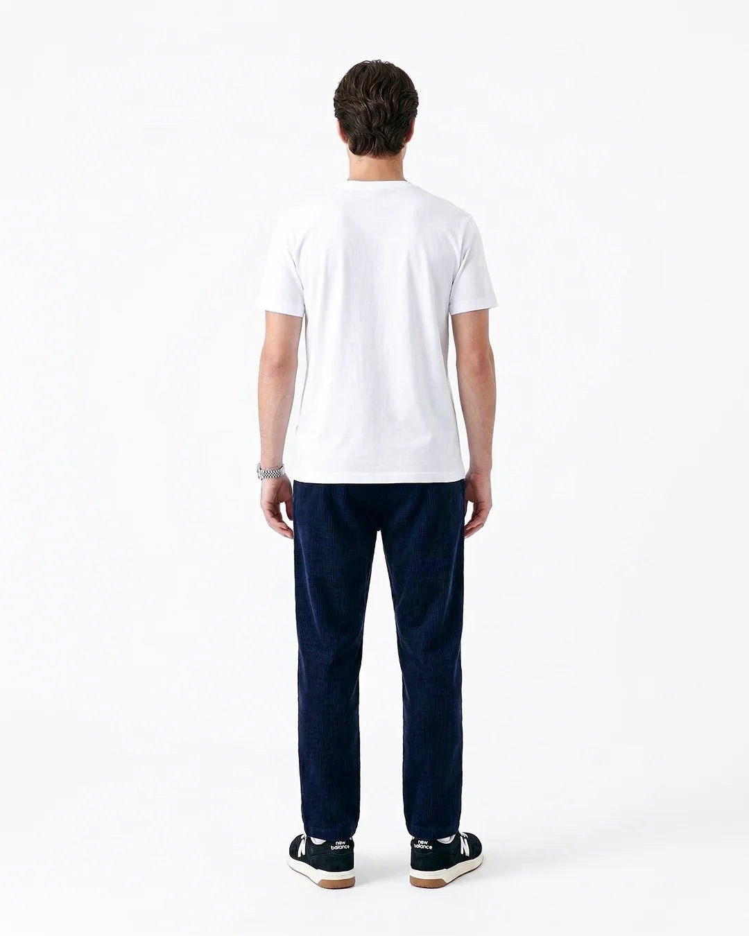 Back view navy corduroy sweatpants with white drawstring
