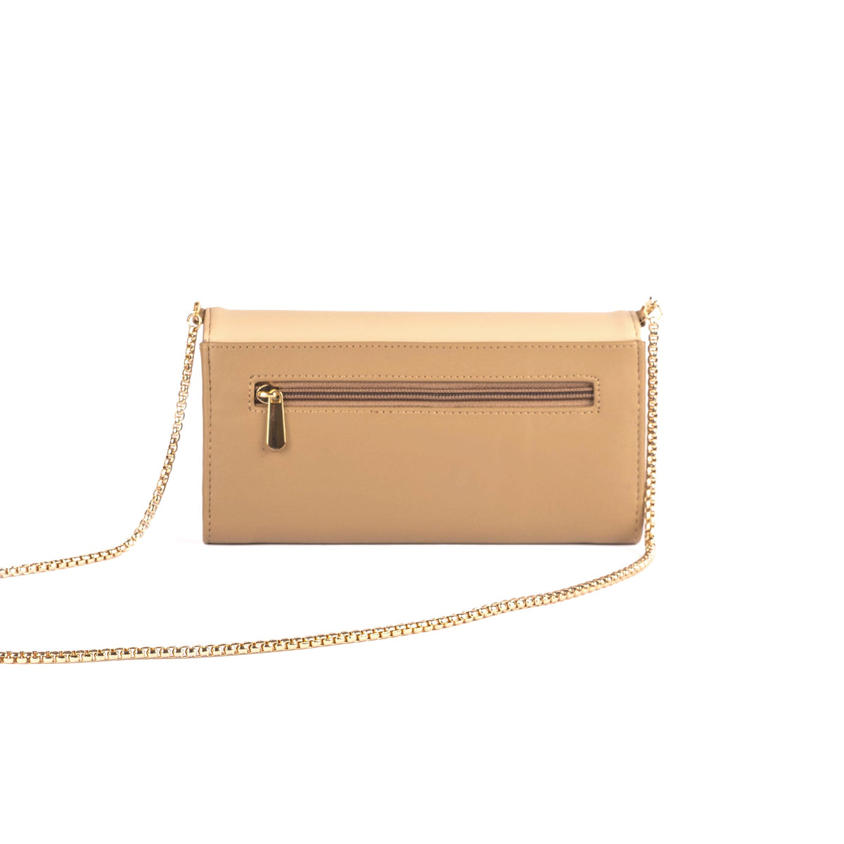 Latte leather clutch wallet with zip pocket and gold-tone chain sling strap