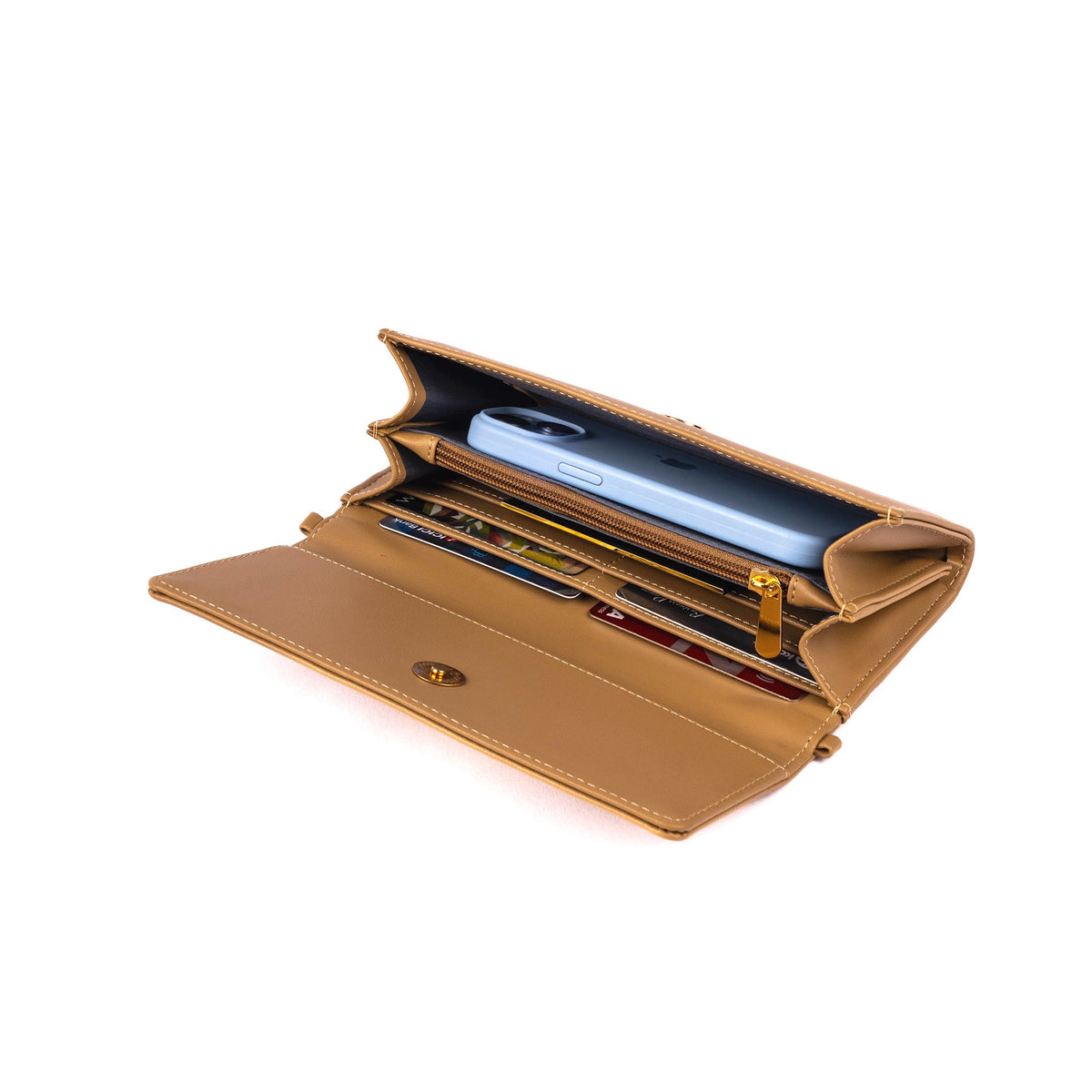 Latte clutch wallet opened to show card slots and zip compartment