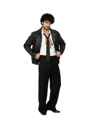Matte black leather jacket with front zipper and spread collar, front view