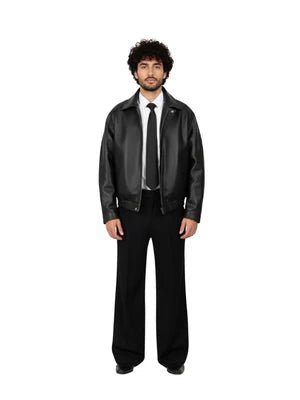 Matte black leather jacket with front zipper, point collar, and hand pockets