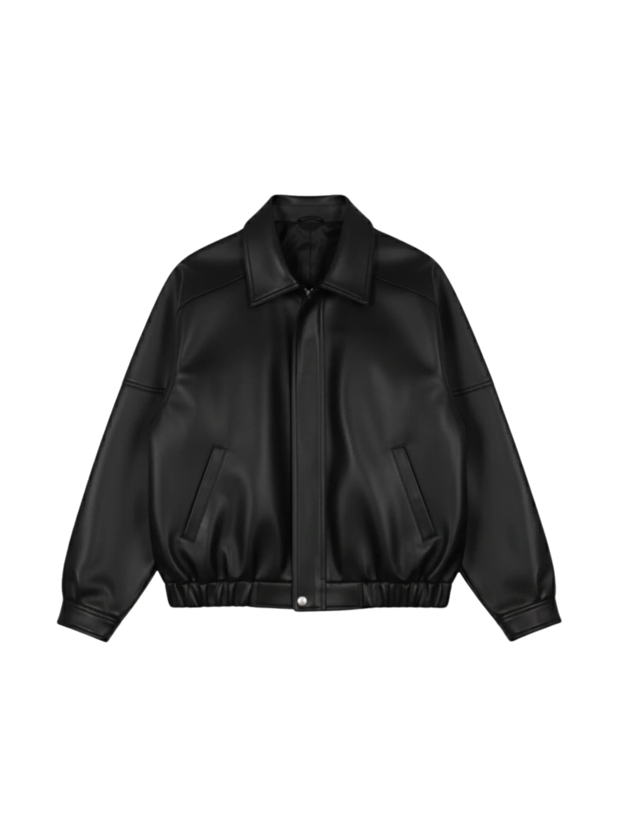 Matte black leather jacket with front zipper, structured shoulders, and elastic hem