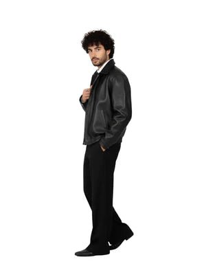 Matte black leather jacket with front zipper and stand collar, side view