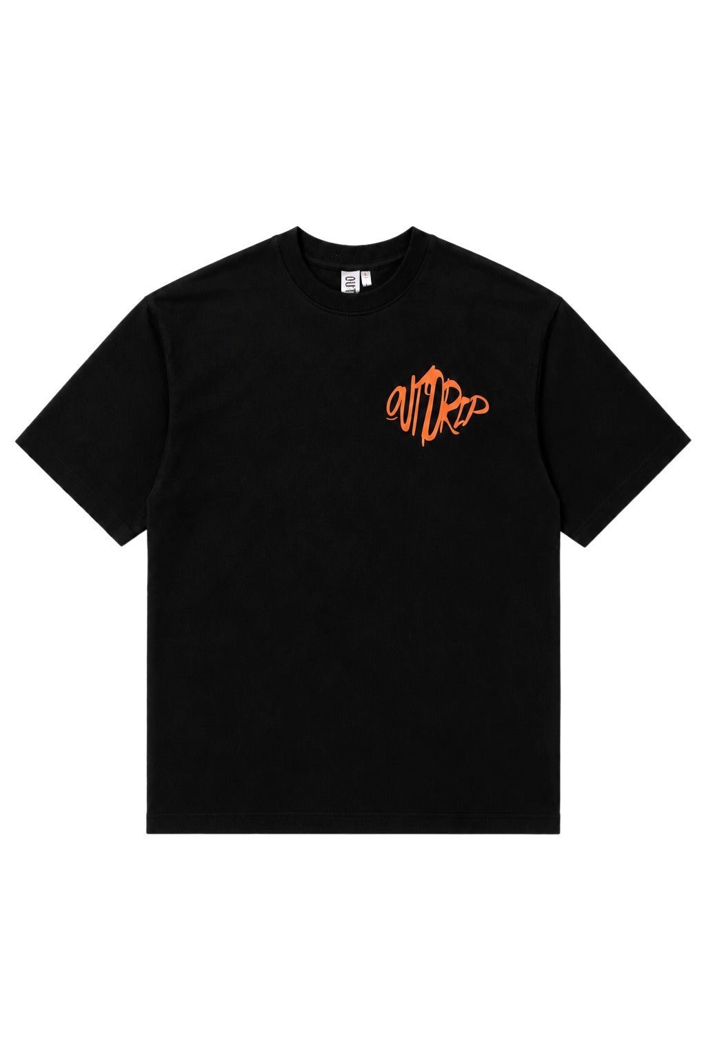 Black short-sleeve T-shirt with small orange chest graphic