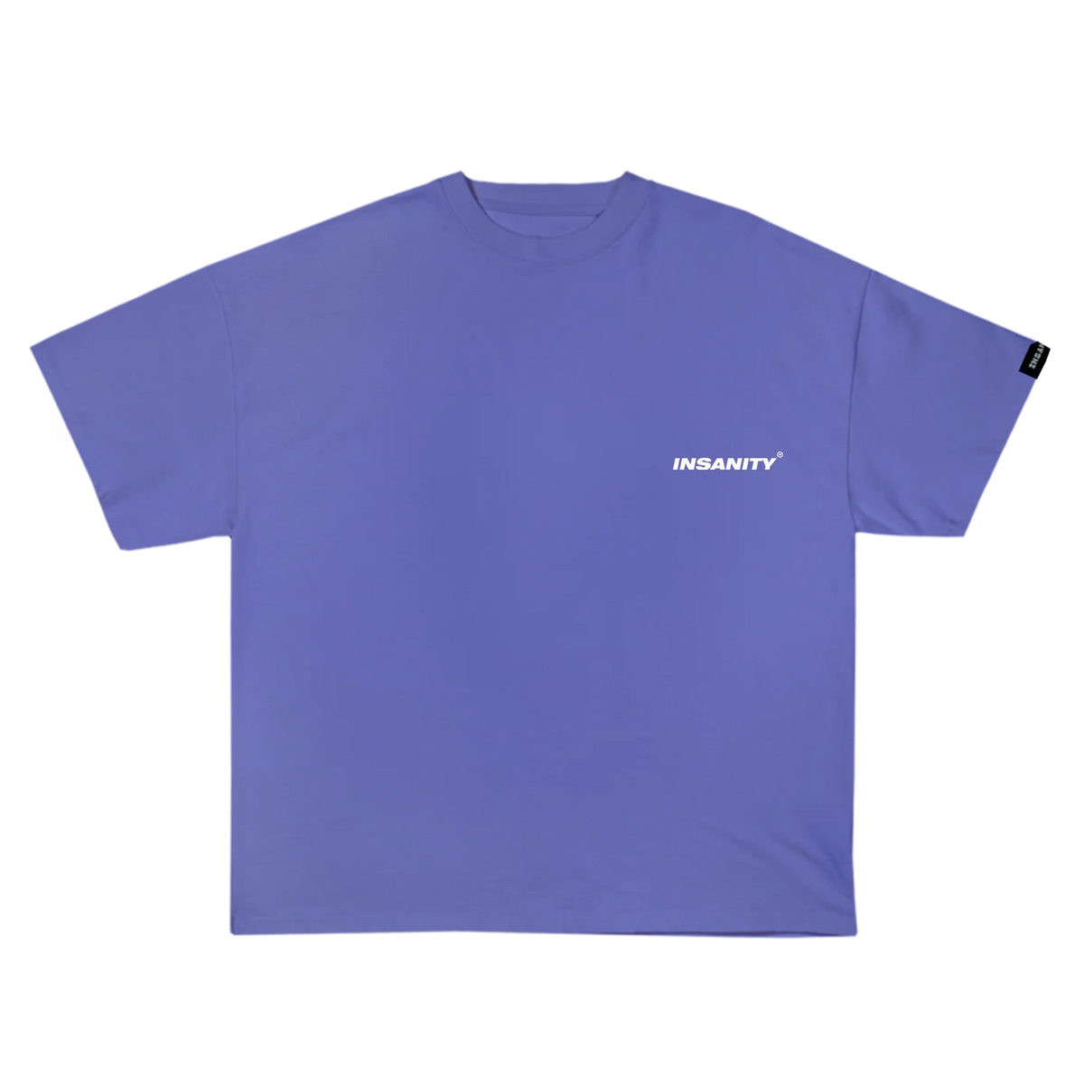 Lavender plain T-shirt with small 'INSANITY' logo on the chest