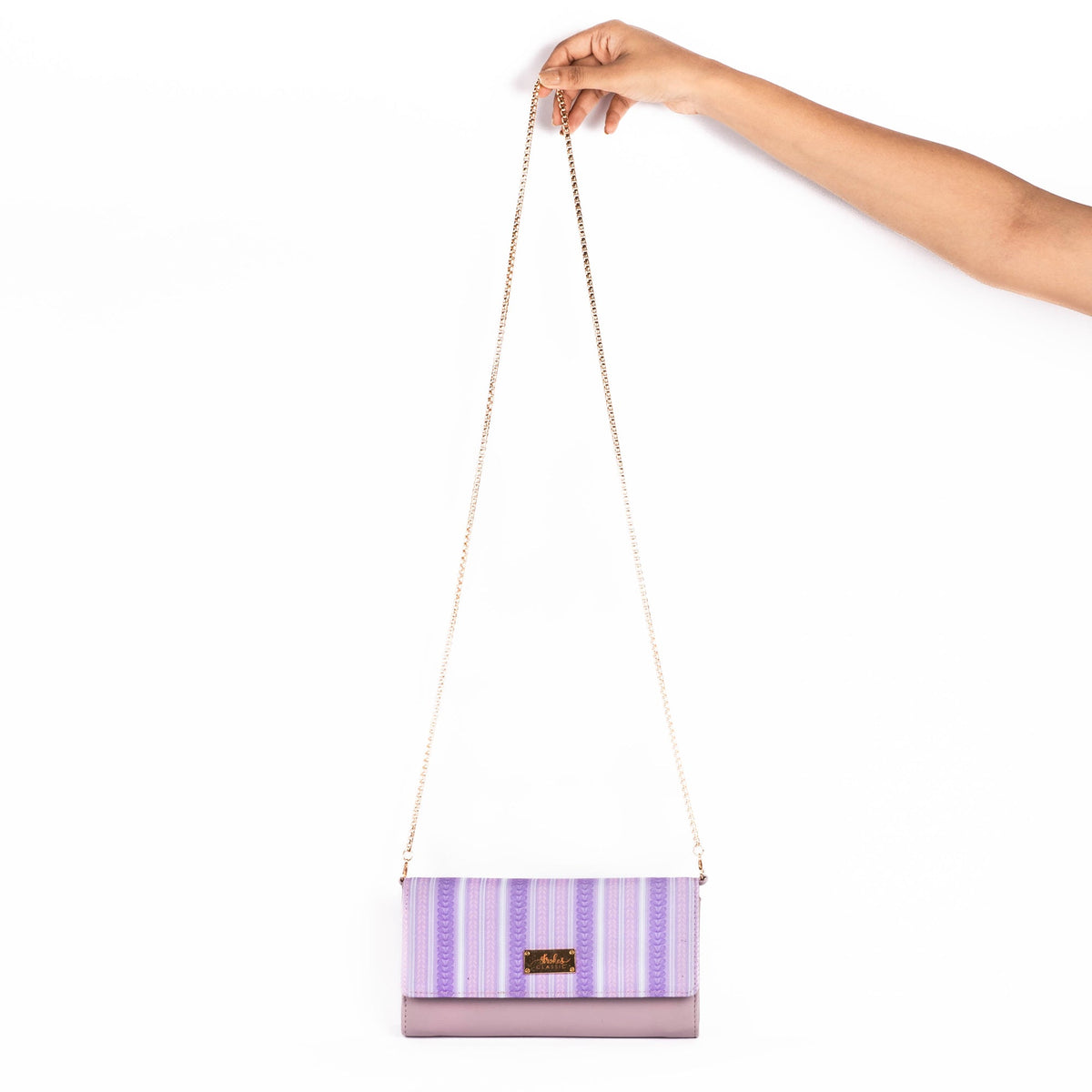 Lilac-striped clutch wallet with gold-tone chain shoulder strap and top flap