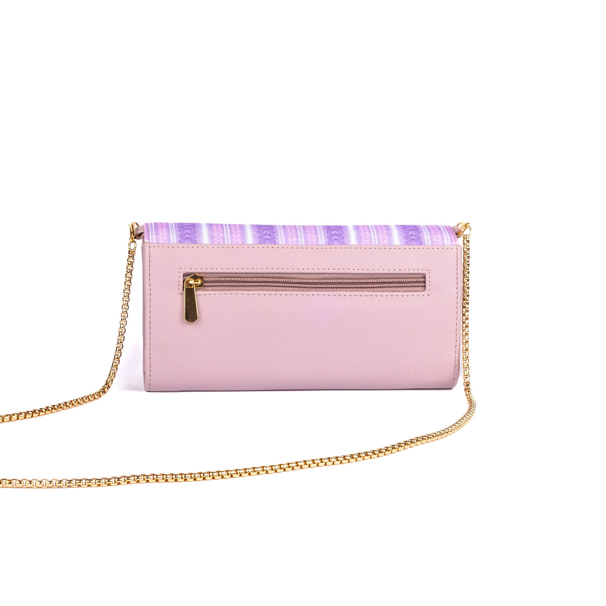 Lilac-striped clutch wallet with front zipper pocket and gold-tone chain strap