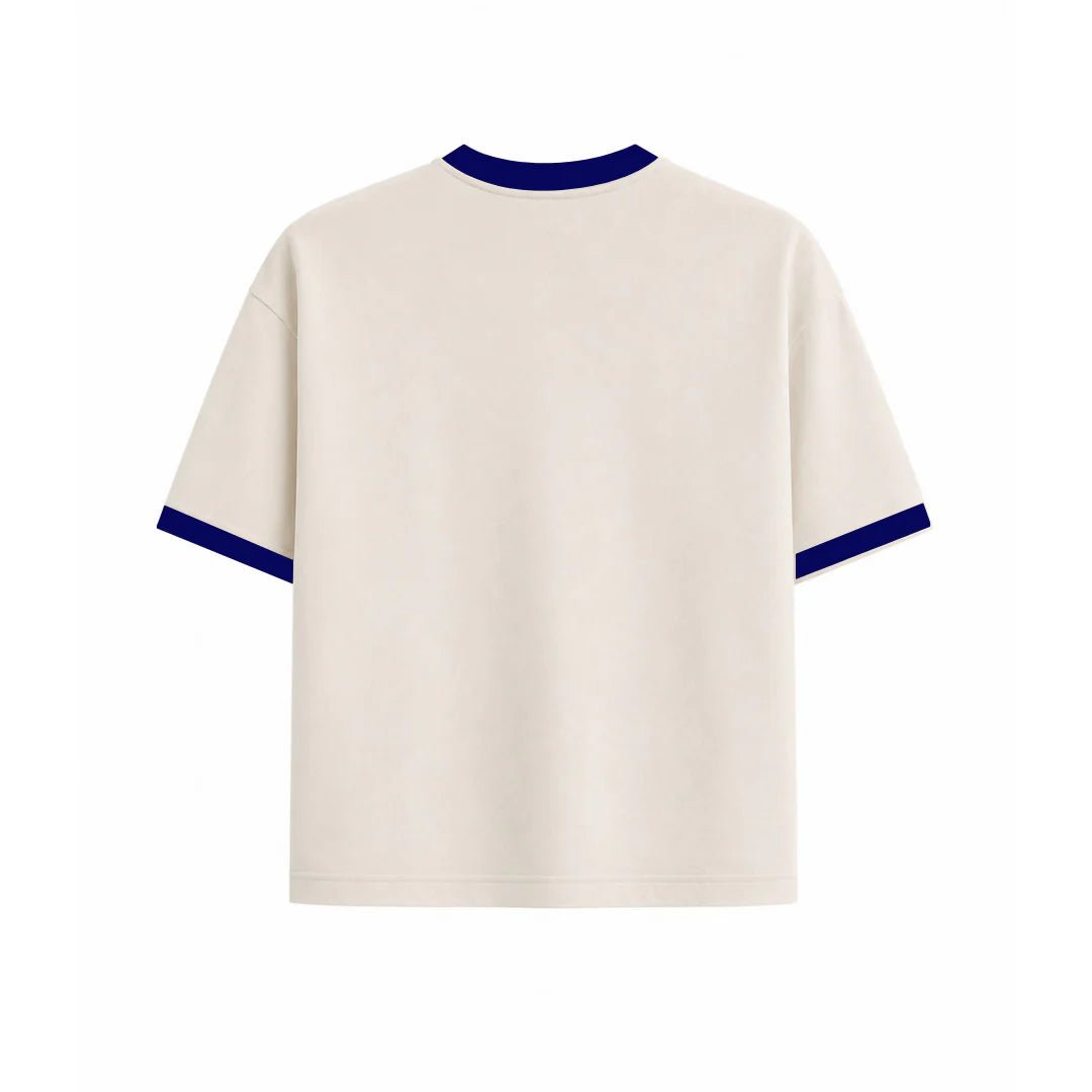 Cream ringer T-shirt with navy collar and sleeve cuffs, plain front