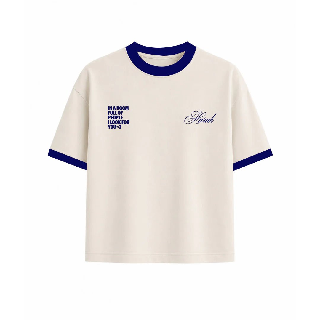 Cream ringer T-shirt with navy trim, Heart script graphic and front text