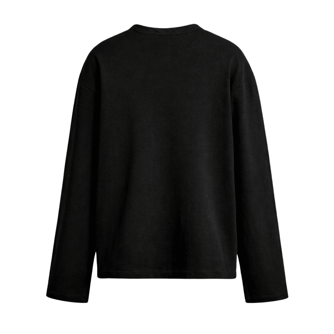Luxe black long-sleeve henley tee with crew neckline