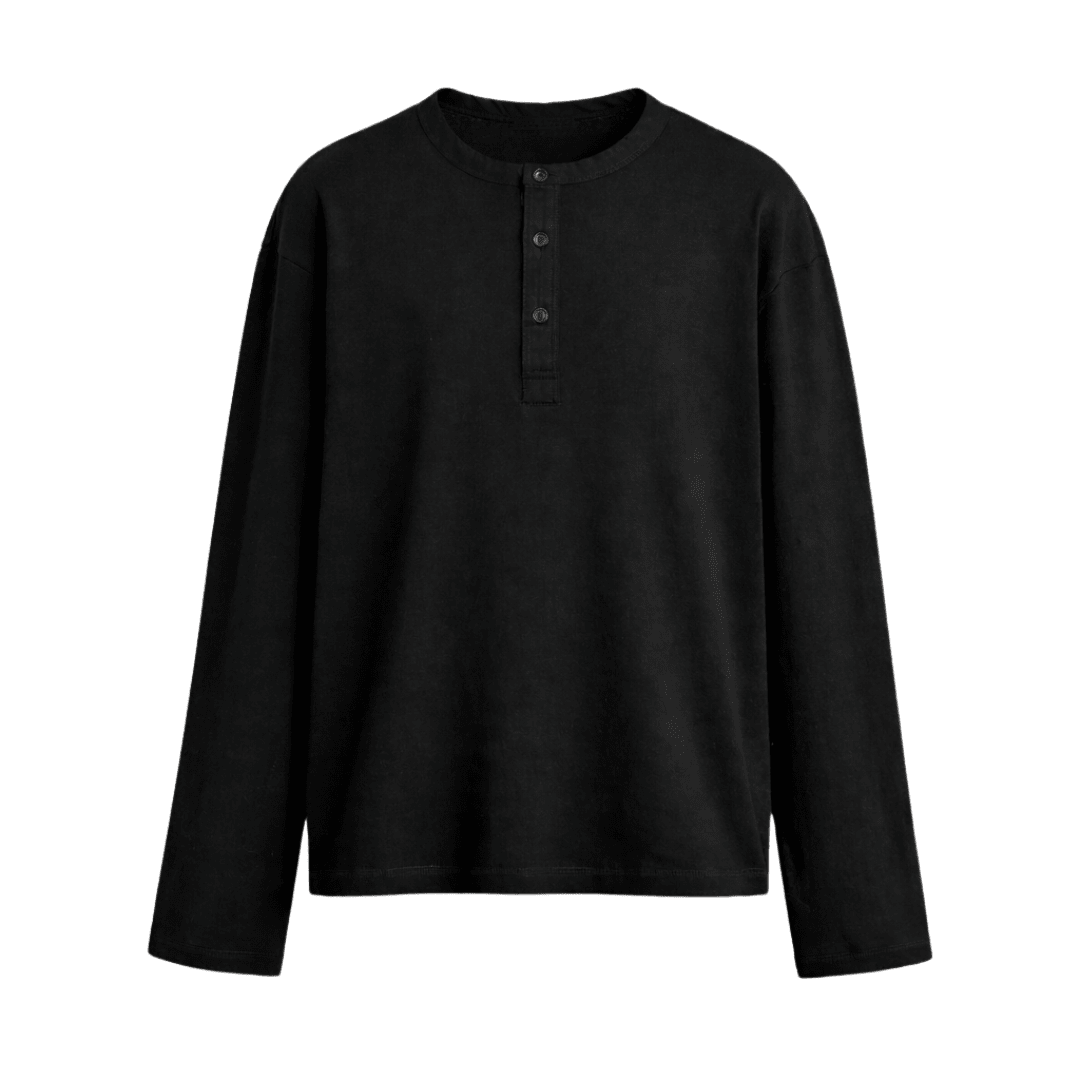 Luxe black long-sleeve henley tee with button placket and ribbed collar