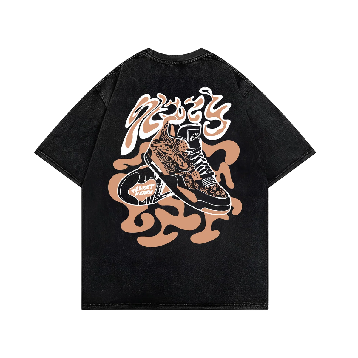 Black crew-neck T-shirt with large colorful mascot graphic on front