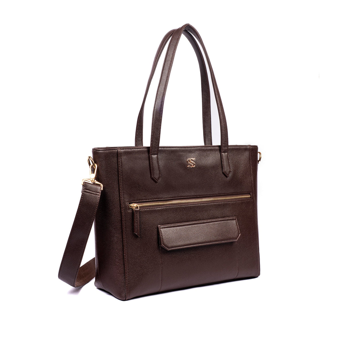 Dark brown leather tote bag with front flap pocket and attached crossbody strap
