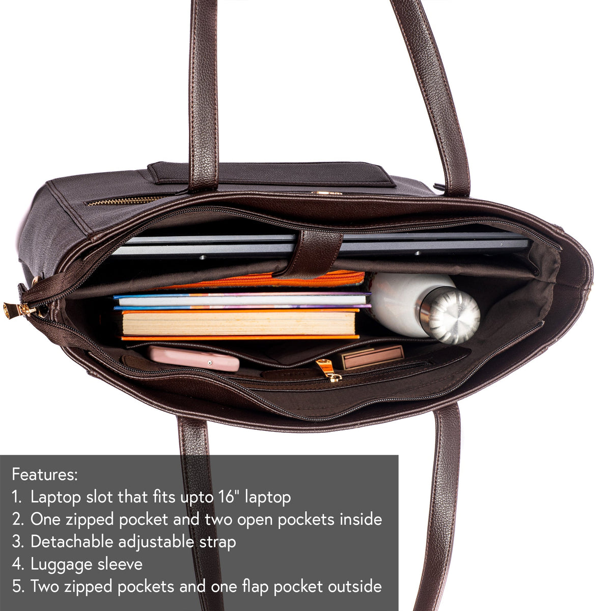 Dark brown tote bag open interior with laptop slot and zip pocket organizer