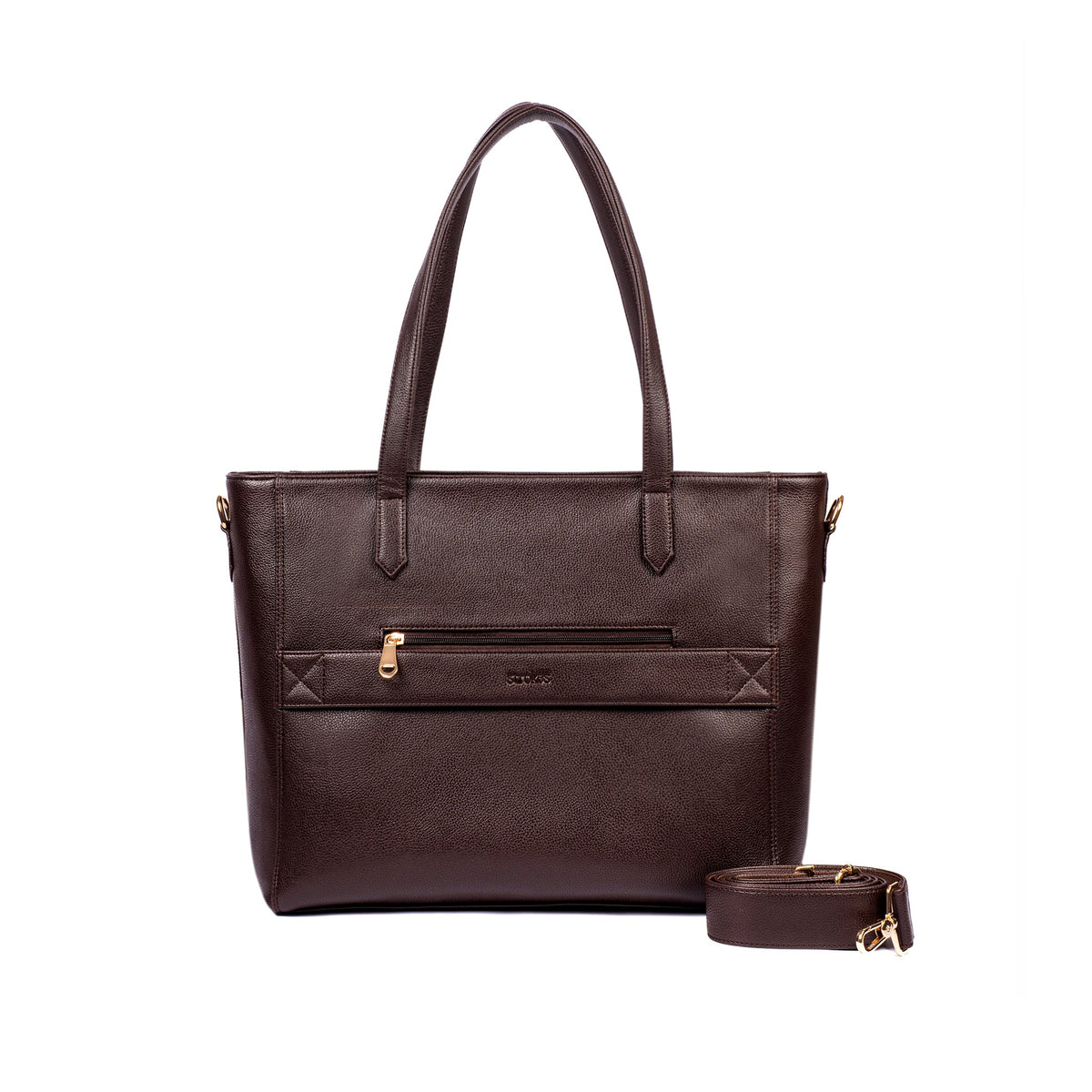 Dark brown leather tote bag with structured front, gold zip, and small crossbody strap