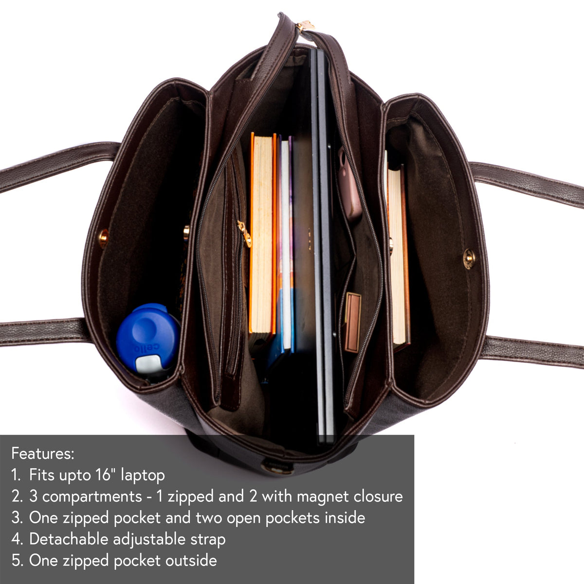Brown zip-top tote bag open view showing multiple interior pockets and card slots