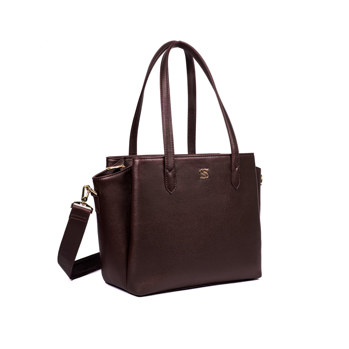 Brown zip-top tote bag with two handles and a detachable crossbody strap