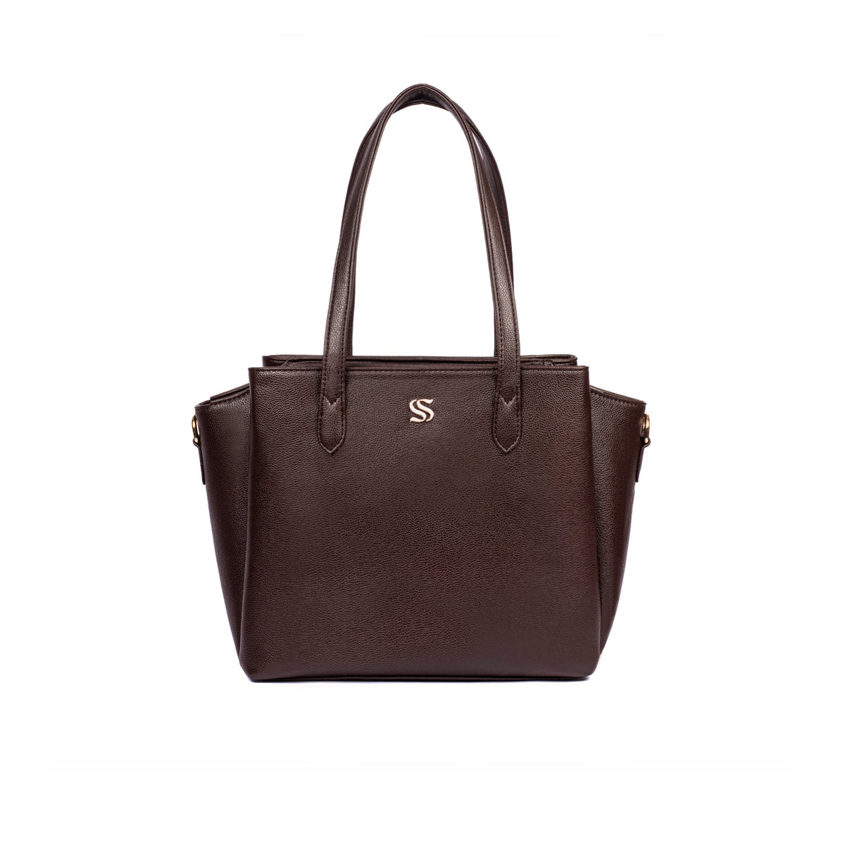 Brown structured tote bag with double handles and small front S crest emblem