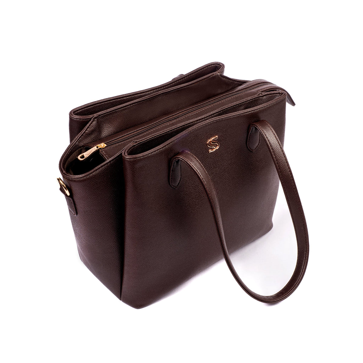 Brown zip-top tote bag with double handles and front S crest logo panel