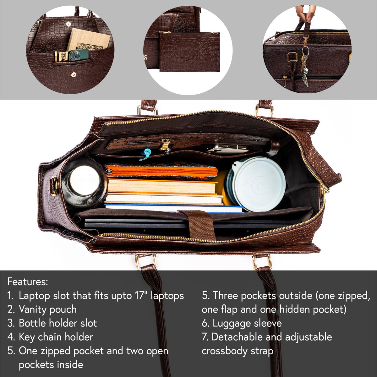 Large tote bag interior with organizer pockets and detachable crossbody strap
